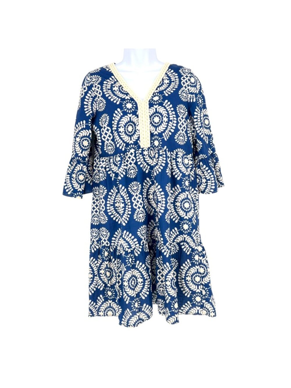 Saiph Lab Resortwear Santorini Cotton Bell Sleeve Dress Blue White Size Small